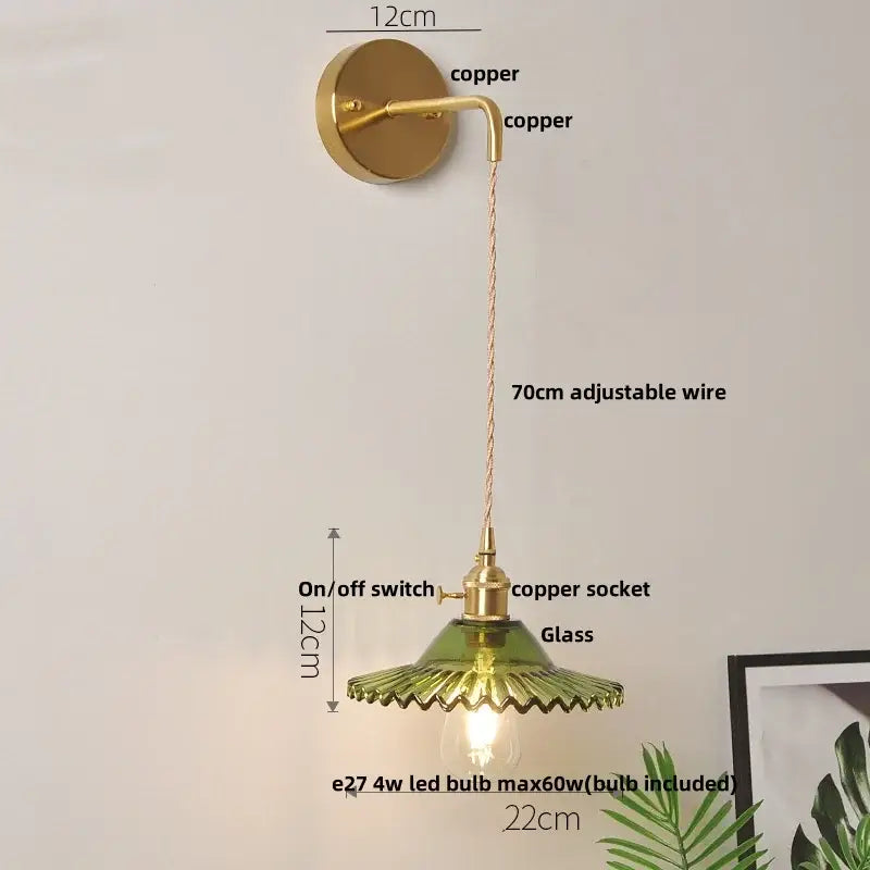 Vintage green glass wall light with pull chain switch bedroom sconce