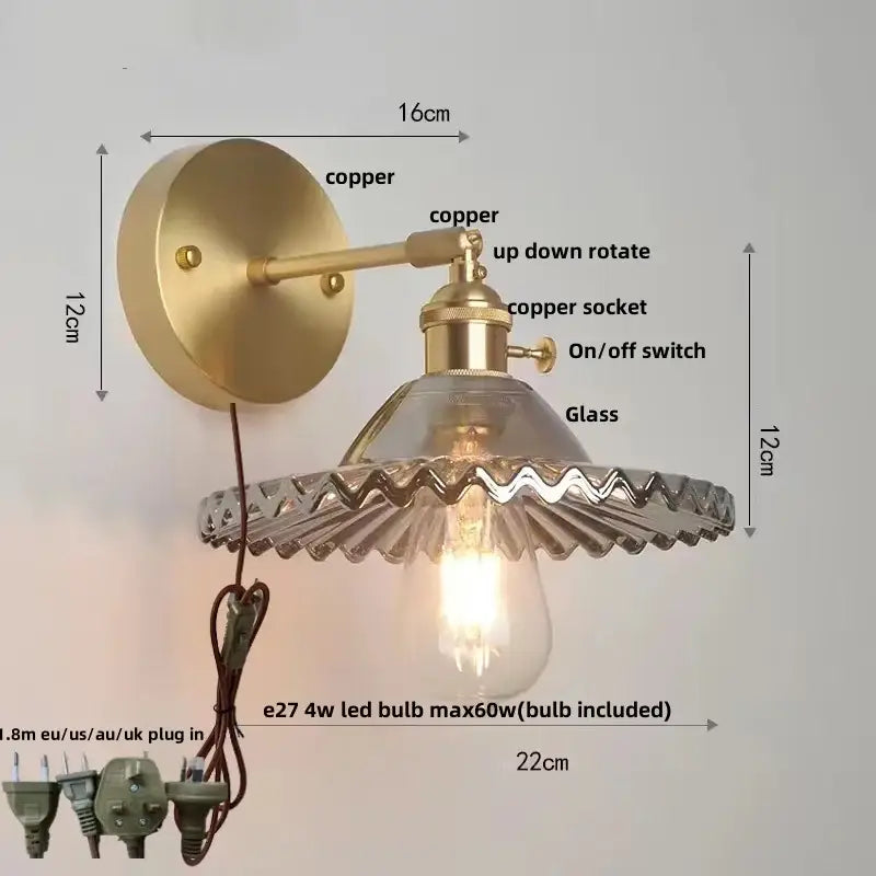 Vintage green glass wall light with pull chain switch bedroom sconce