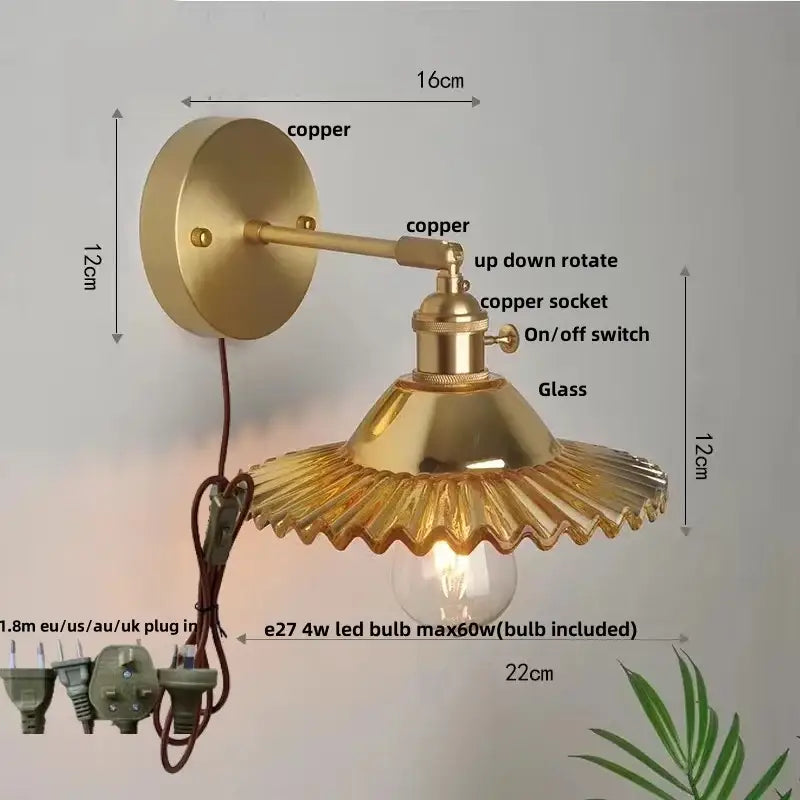 Vintage green glass wall light with pull chain switch bedroom sconce