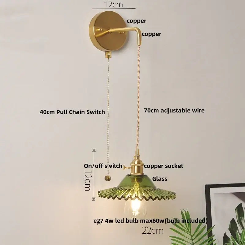 Vintage green glass wall light with pull chain switch bedroom sconce