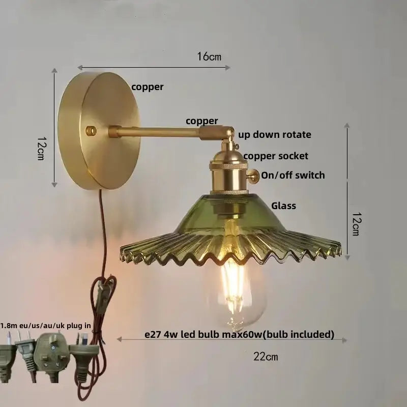 Vintage green glass wall light with pull chain switch bedroom sconce