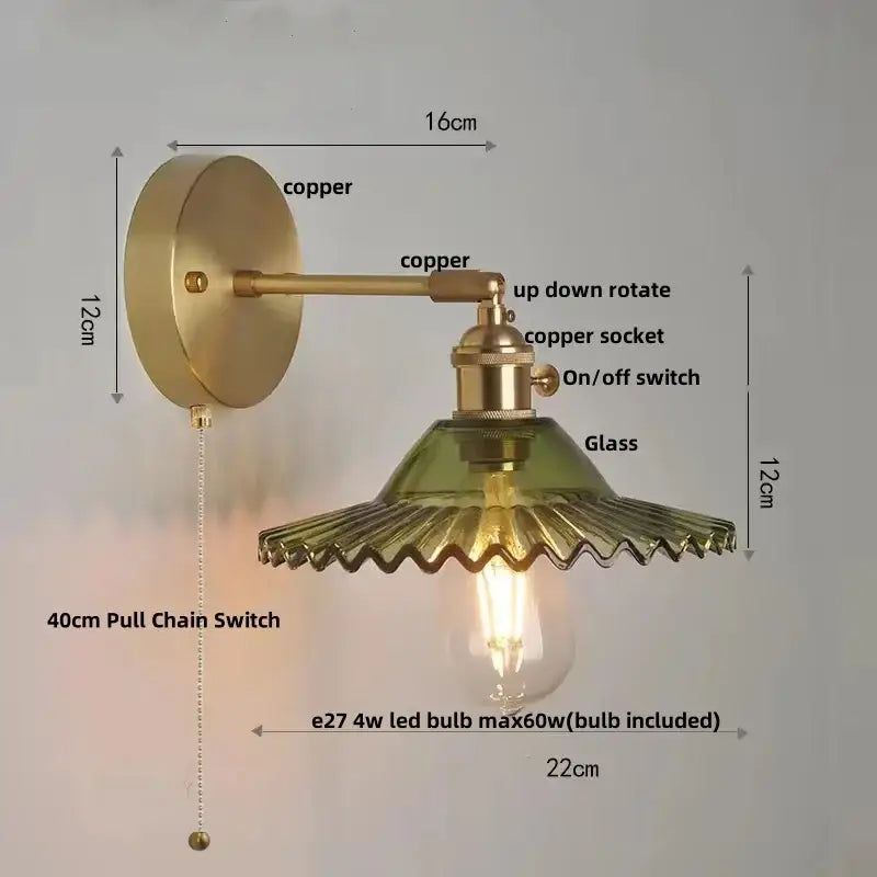 Vintage green glass wall light with pull chain switch bedroom sconce