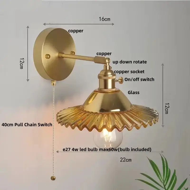 Vintage green glass wall light with pull chain switch bedroom sconce