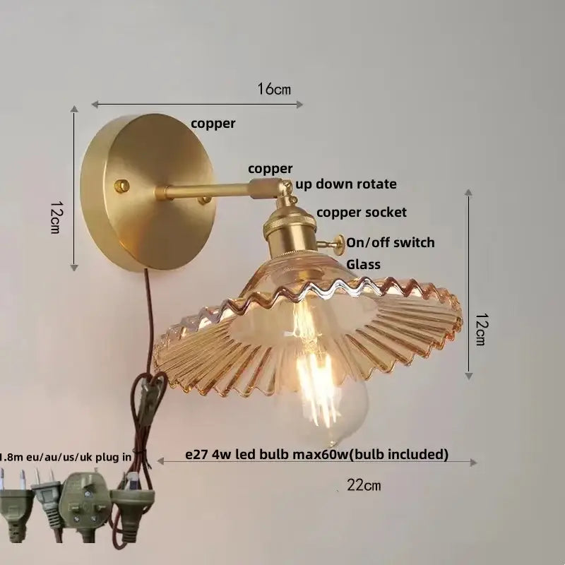 Vintage green glass wall light with pull chain switch bedroom sconce