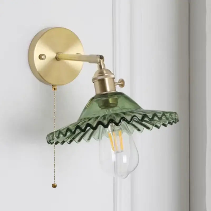 Vintage green glass wall light with pull chain switch bedroom sconce