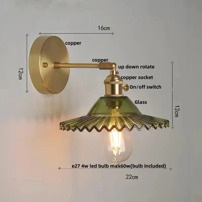 Vintage green glass wall light with pull chain switch bedroom sconce