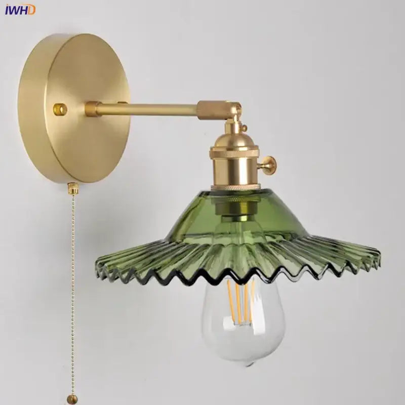 Vintage green glass wall light with pull chain switch bedroom sconce