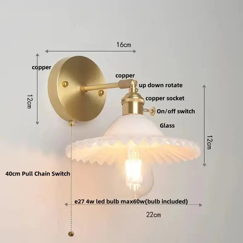 Vintage green glass wall light with pull chain switch bedroom sconce