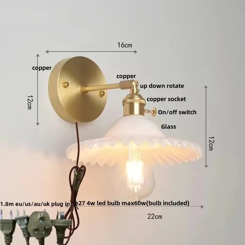 Vintage green glass wall light with pull chain switch bedroom sconce