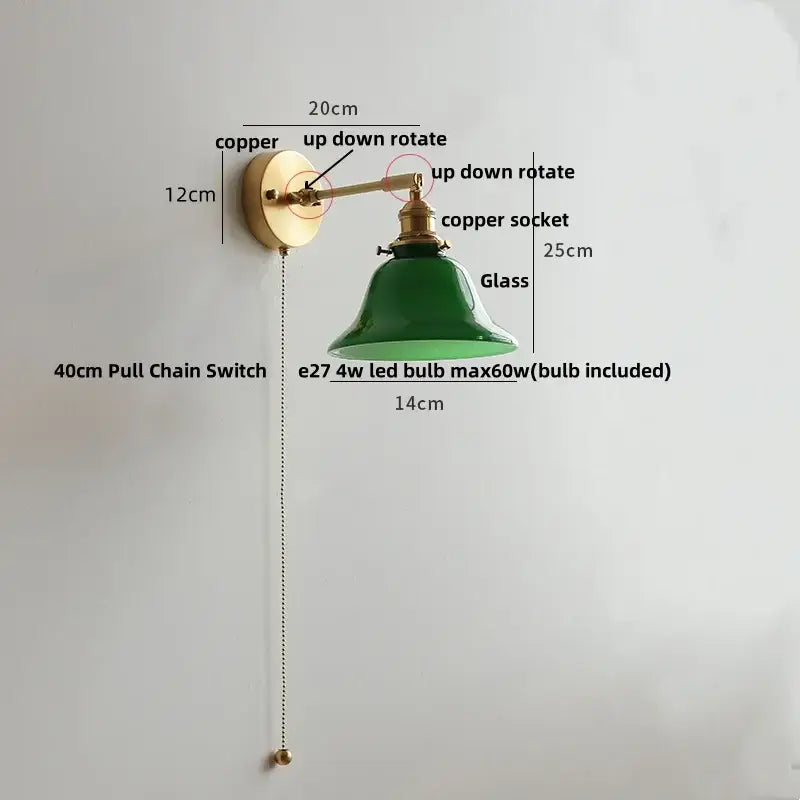 Vintage green loft led wall lamp bedroom glass sconce with pull chain