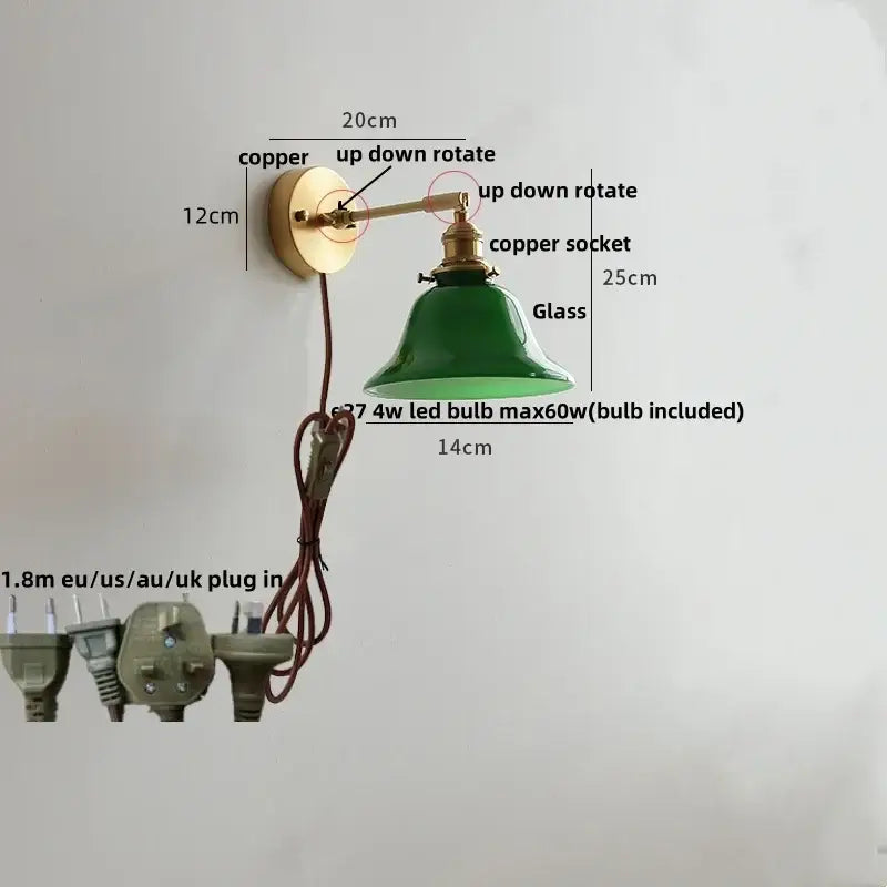 Vintage green loft led wall lamp bedroom glass sconce with pull chain
