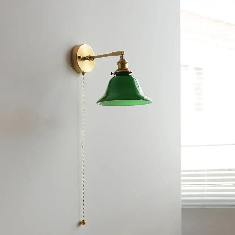 Vintage green loft led wall lamp bedroom glass sconce with pull chain