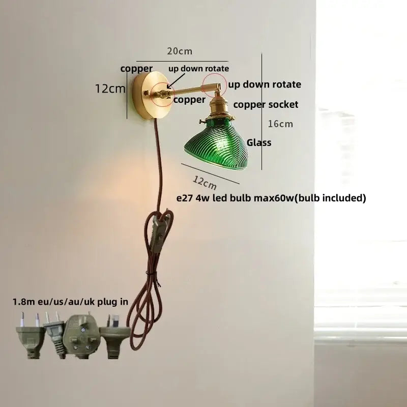 Vintage green loft led wall lamp bedroom glass sconce with pull chain