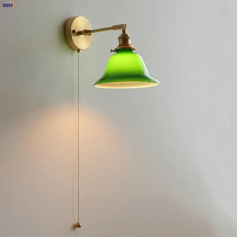 Vintage green loft led wall lamp bedroom glass sconce with pull chain