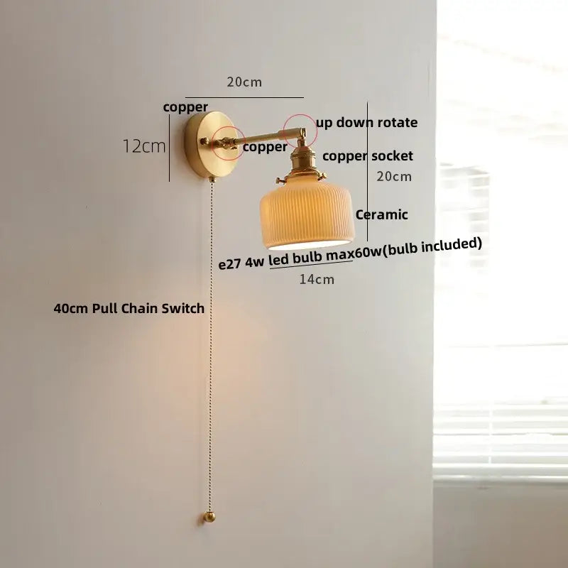 Vintage green loft led wall lamp bedroom glass sconce with pull chain