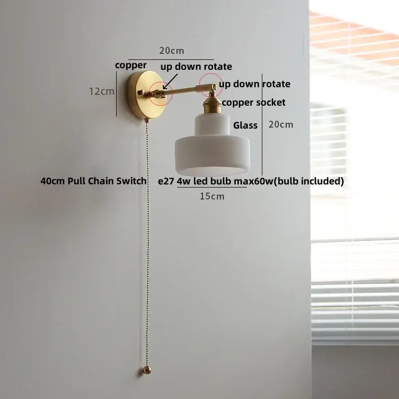 Vintage green loft led wall lamp bedroom glass sconce with pull chain