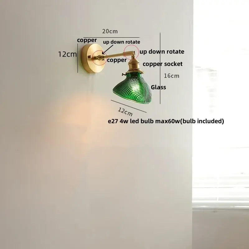 Vintage green loft led wall lamp bedroom glass sconce with pull chain