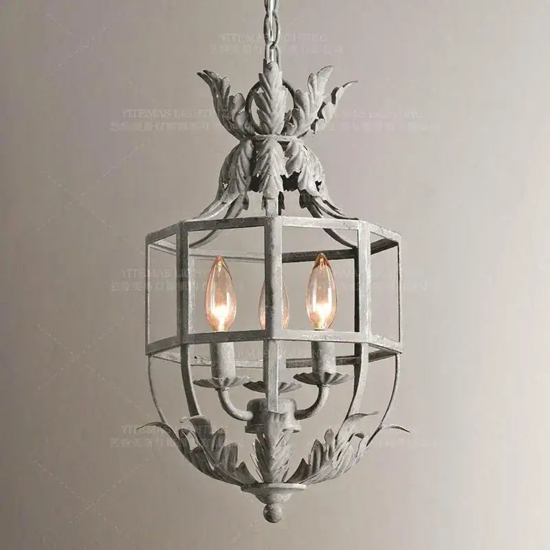 Vintage grey metal cage lantern chandelier – dining room leaf motif