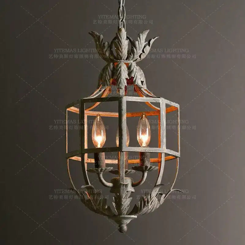 Vintage grey metal cage lantern chandelier – dining room leaf motif