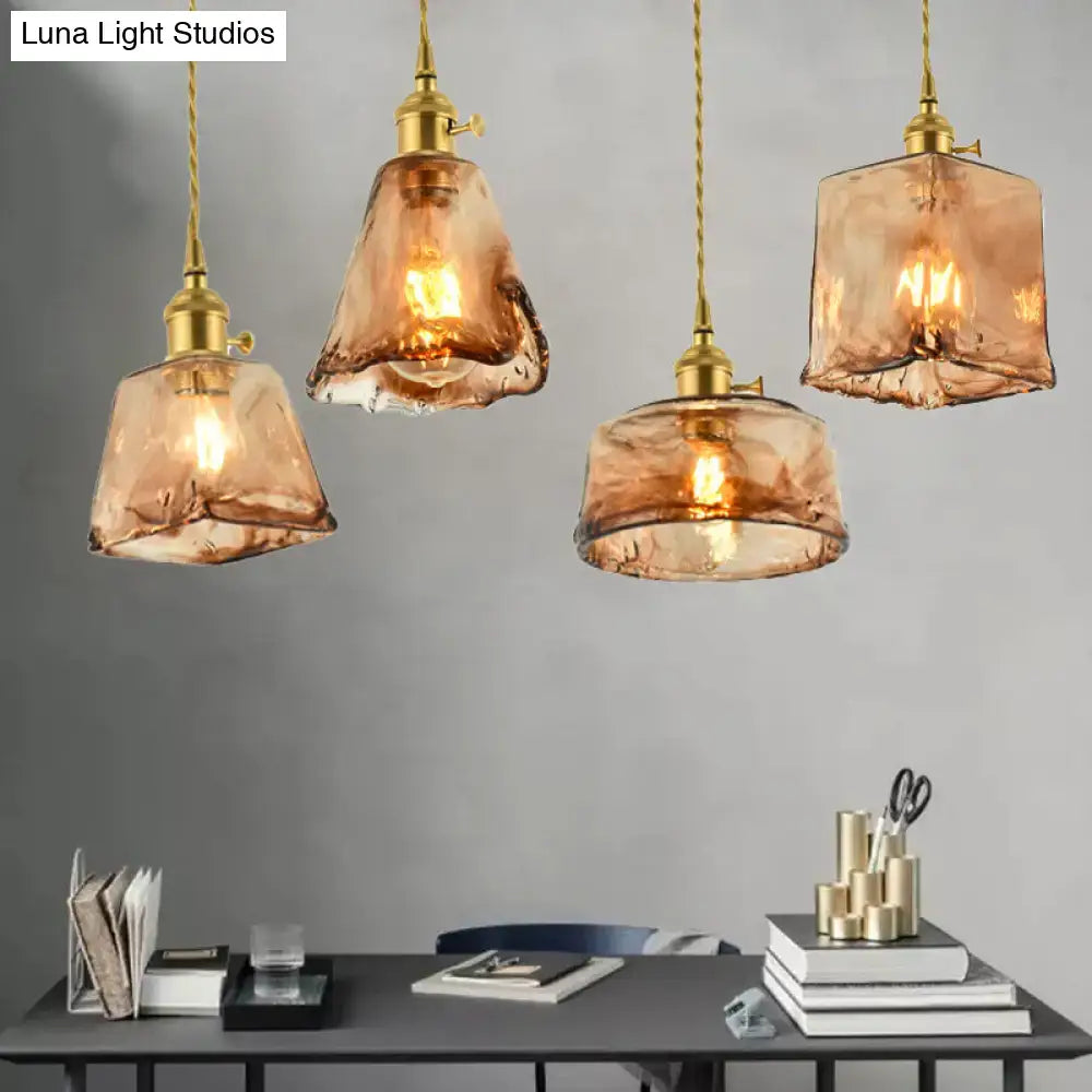 Vintage handmade brass shaded amber glass pendant kitchen light