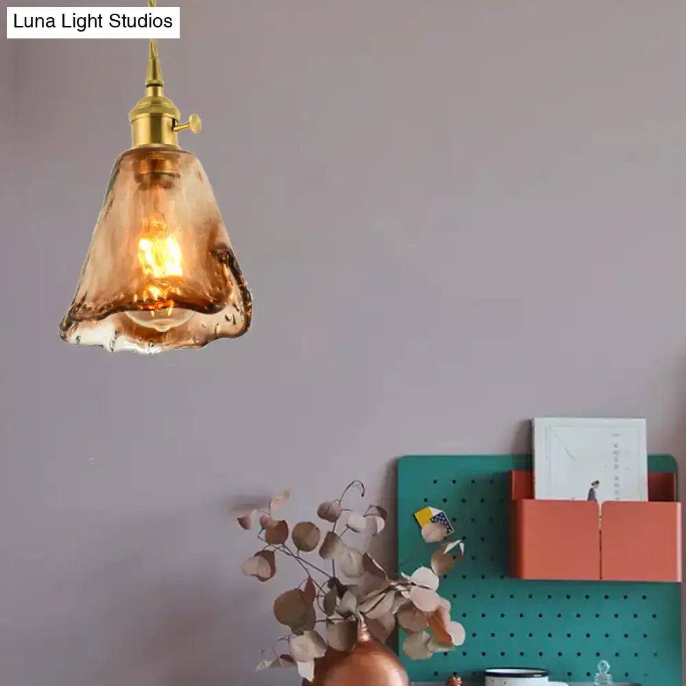 Vintage handmade brass shaded amber glass pendant kitchen light