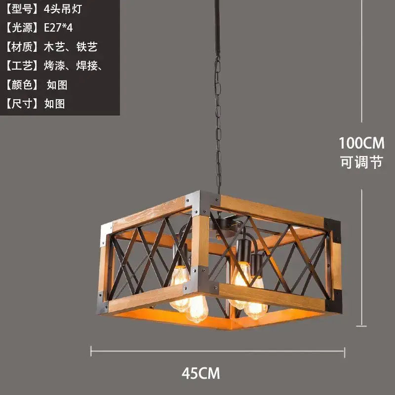 Vintage hotel wrought iron wood chandelier dining room pendant light