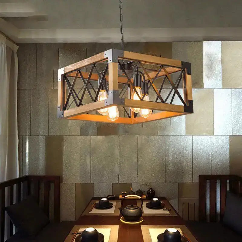Vintage hotel wrought iron wood chandelier dining room pendant light