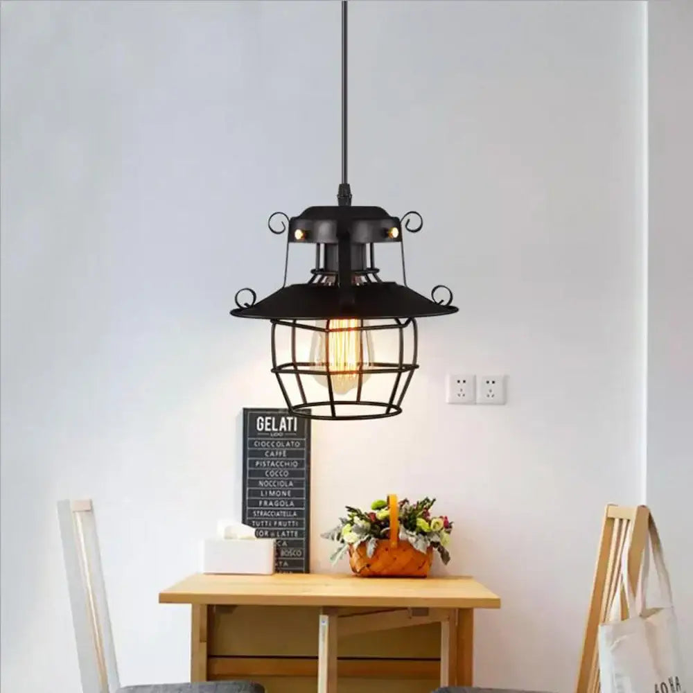 Vintage industrial black metal cage pendant light kitchen lighting
