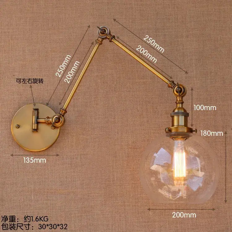 Vintage industrial brass glass ball swing arm light bedroom sconce