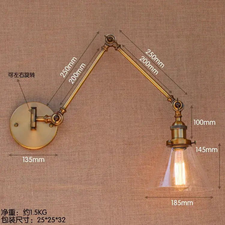 Vintage industrial brass glass ball swing arm light bedroom sconce