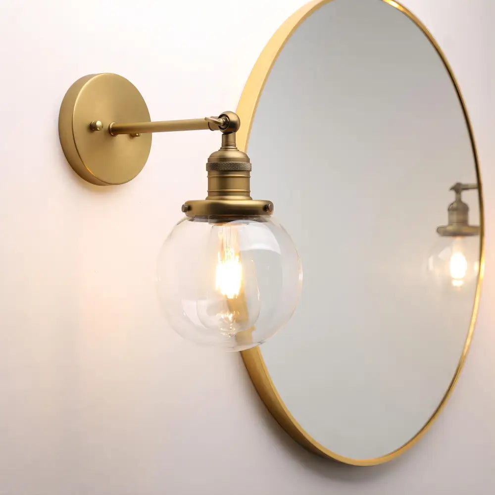 Vintage industrial brass wall sconce bedroom clear glass globe shade