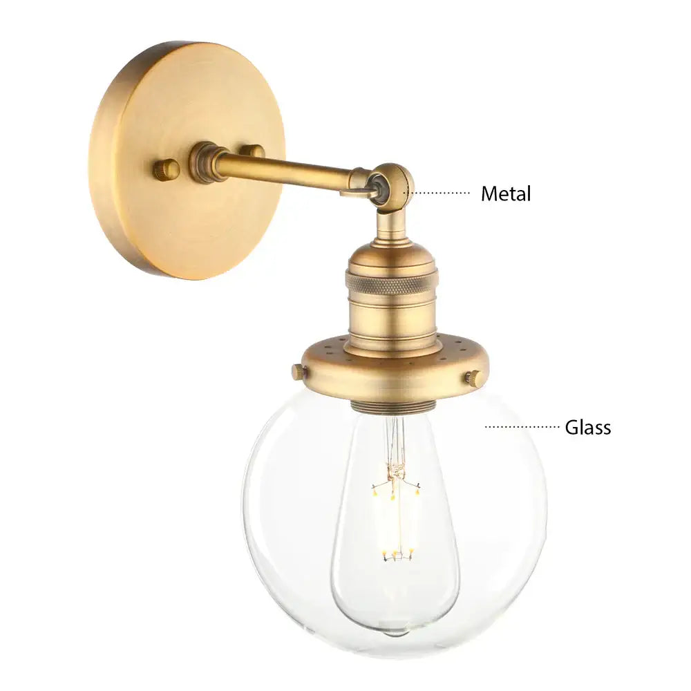 Vintage industrial brass wall sconce bedroom clear glass globe shade