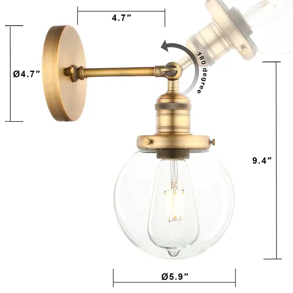 Vintage industrial brass wall sconce bedroom clear glass globe shade