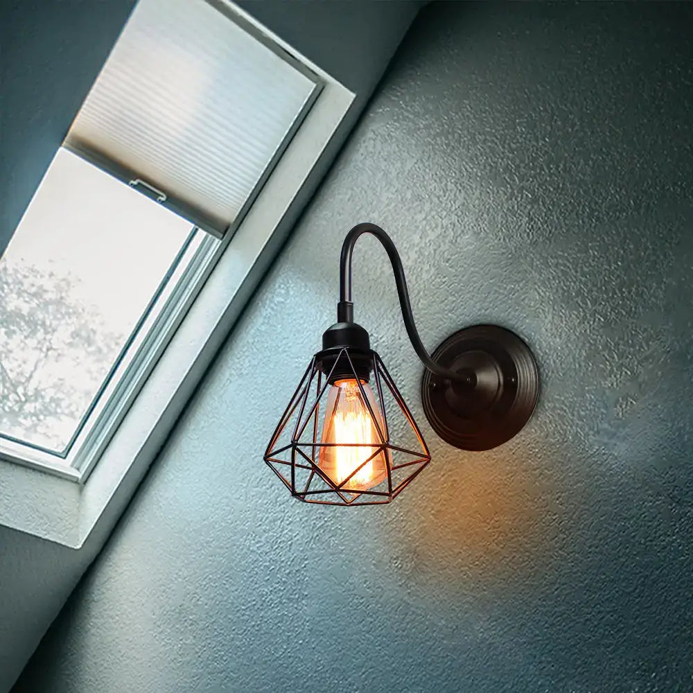 Vintage industrial cage wall lamp bedroom black metal sconce