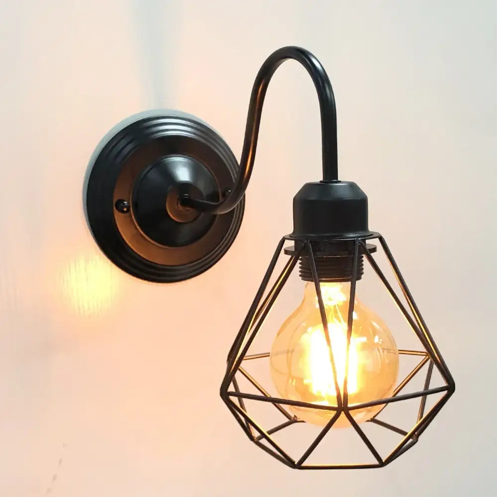 Vintage industrial cage wall lamp bedroom black metal sconce