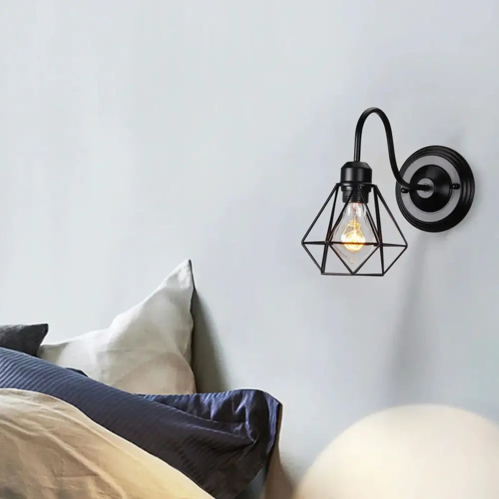Vintage industrial cage wall lamp bedroom black metal sconce