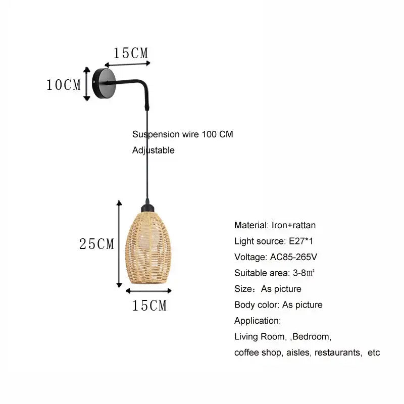 Vintage industrial hemp rope wall lamp bedroom rattan sconce