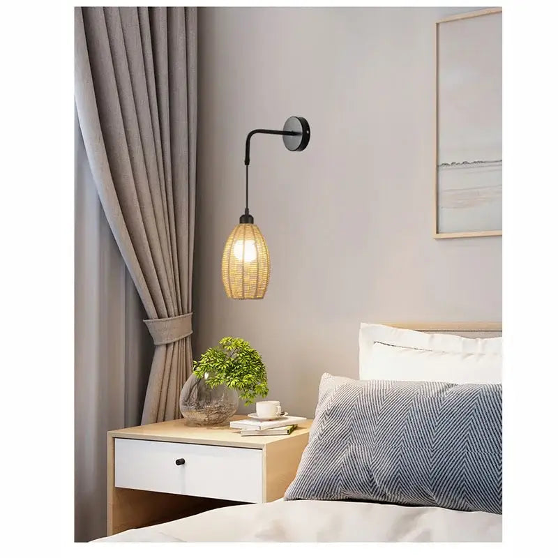 Vintage industrial hemp rope wall lamp bedroom rattan sconce