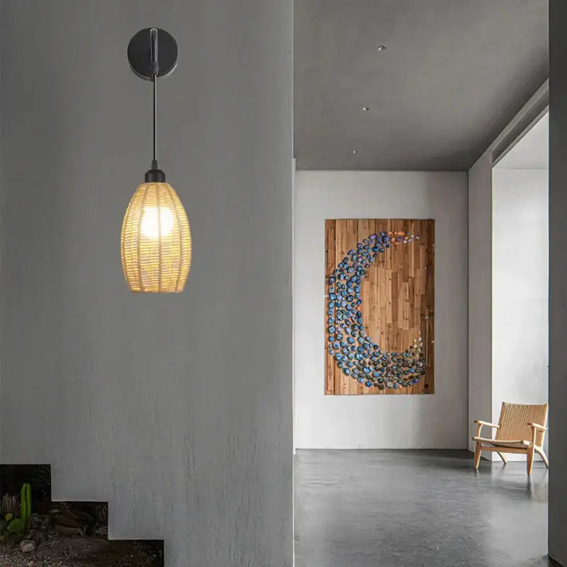 Vintage industrial hemp rope wall lamp bedroom rattan sconce