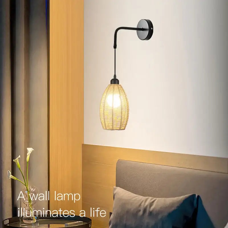 Vintage industrial hemp rope wall lamp bedroom rattan sconce