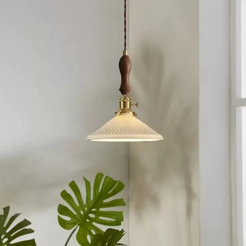 Vintage japanese ceramic led pendant lamp bedroom ribbed glass shade