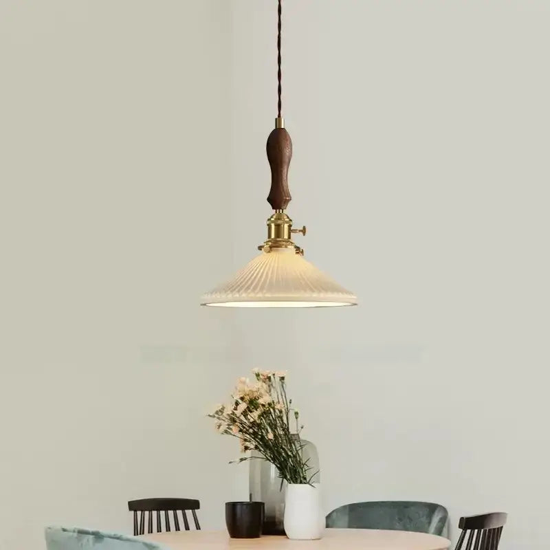 Vintage japanese ceramic led pendant lamp bedroom ribbed glass shade