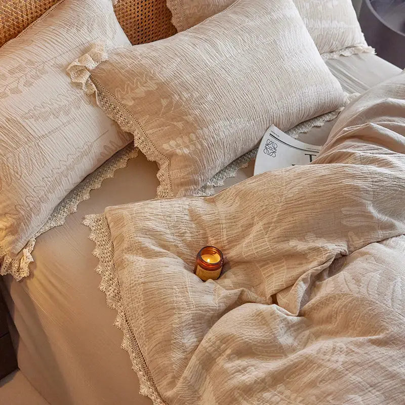 Vintage lace beige fern embroidered bedding set bedroom health wrinkled yarn