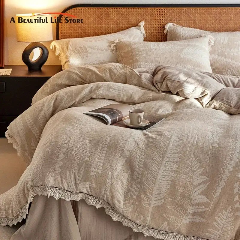Vintage lace beige fern embroidered bedding set bedroom health wrinkled yarn