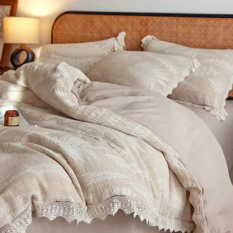 Vintage lace beige fern embroidered bedding set bedroom health wrinkled yarn