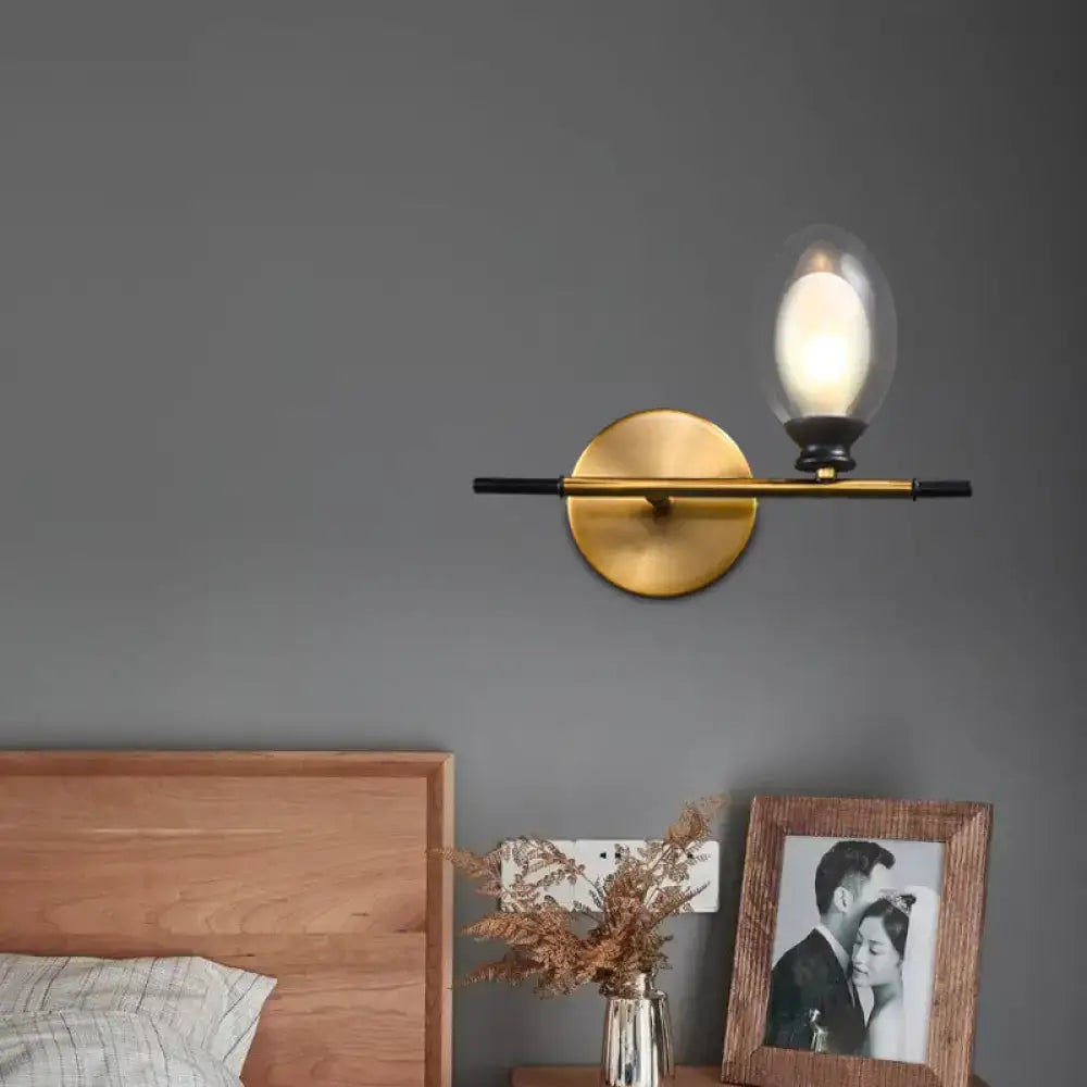 Vintage oval wall sconce brass & black bedroom glass light