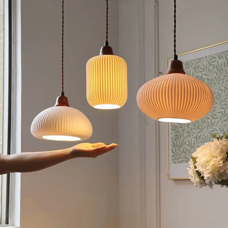 Vintage ribbed ceramic wood led pendant lights dining room set
