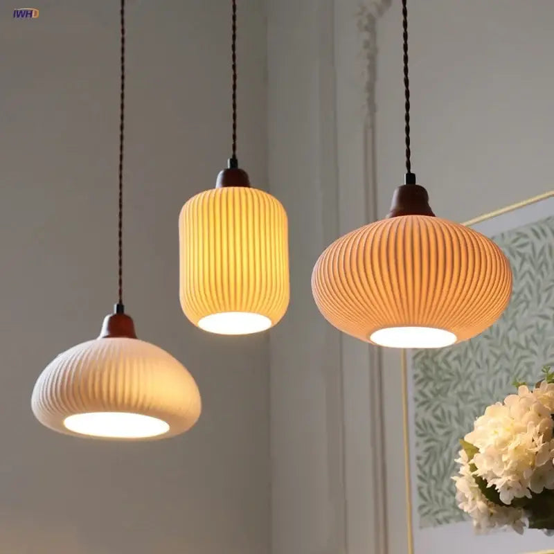 Vintage ribbed ceramic wood led pendant lights dining room set