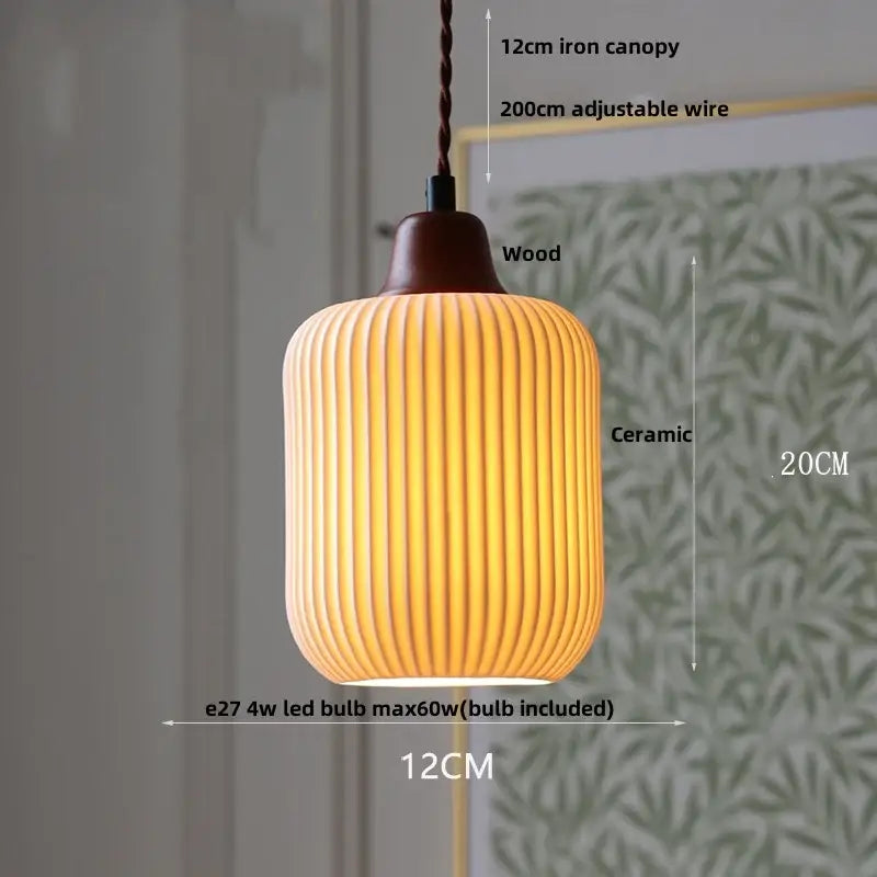 Vintage ribbed ceramic wood led pendant lights dining room set
