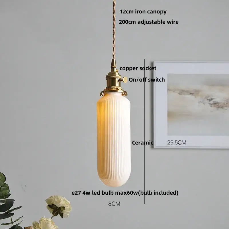 Vintage ribbed ceramic wood led pendant lights dining room set